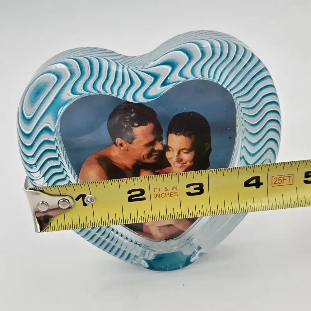 Vintage Mikasa Glass Heart Picture Frame Blue White Wavy Zebra Stripe